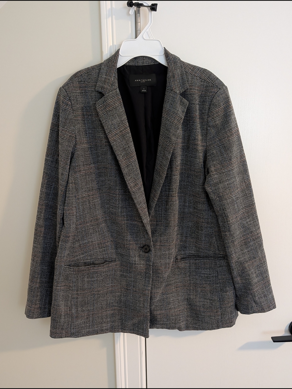 Ann Taylor Factory Gray Plaid Single-Button Blazer